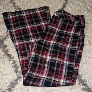 Maroon, white and black, almost famous, retro plaid bellbottoms.